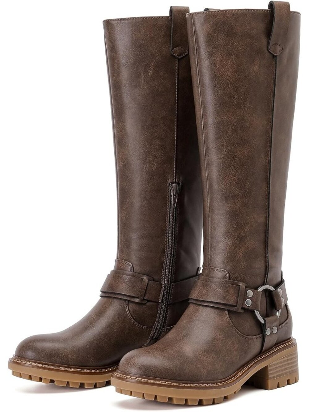 Women's Brown Pu2 Knee High Boots Faux Leather Riding Fashion Boots Round Toe